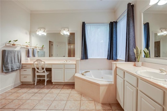 265 Remington Dr, Mandeville, LA 70448 - full bathroom featuring two vanities, a sink, ornamental molding, and a tub with jets