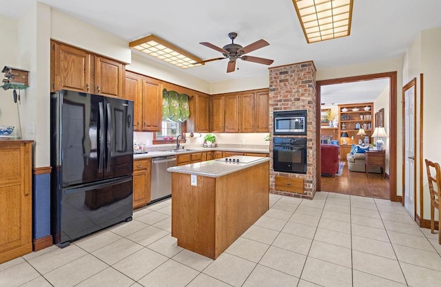 kitchen featuring black appliances, light tile patterned flooring, ceiling fan, and light countertops