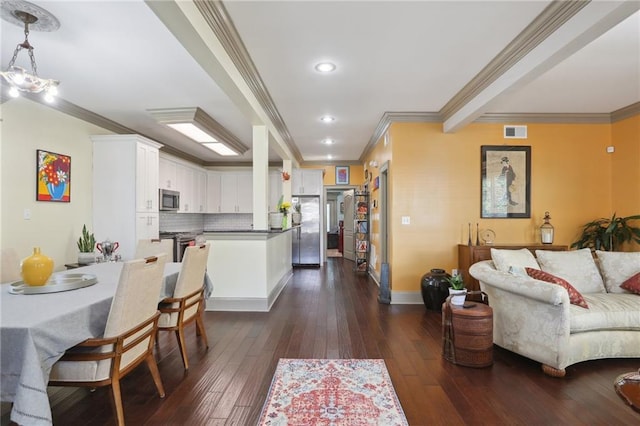 2634 Marengo St, New Orleans, LA 70115 - dining space with dark wood-style flooring, baseboards, visible vents, recessed lighting, and ornamental molding