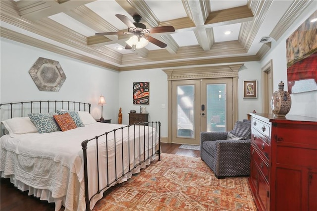 2634 Marengo St, New Orleans, LA 70115 - bedroom with light wood finished floors, coffered ceiling, access to exterior, ornamental molding, and french doors