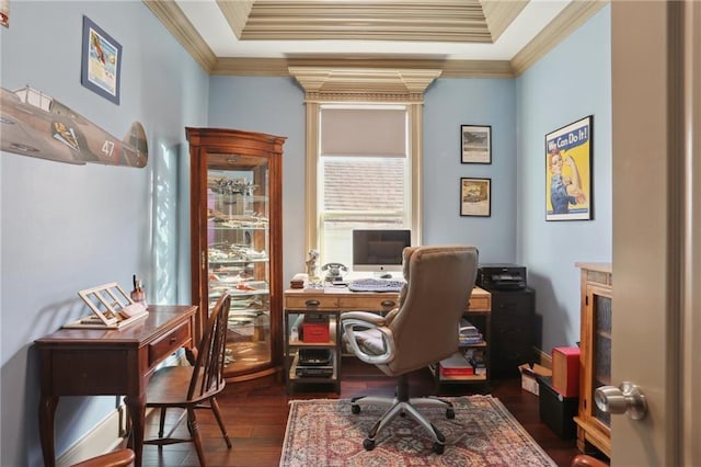 2634 Marengo St, New Orleans, LA 70115 - home office with a tray ceiling, dark wood-type flooring, and ornamental molding