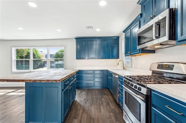 3824 Nashville Ave, New Orleans, LA 70125 - kitchen featuring a sink, wood counters, visible vents, appliances with stainless steel finishes, and blue cabinets