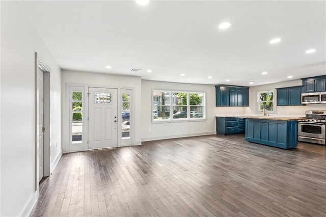 3824 Nashville Ave, New Orleans, LA 70125 - kitchen with stainless steel appliances, baseboards, blue cabinetry, and dark wood finished floors