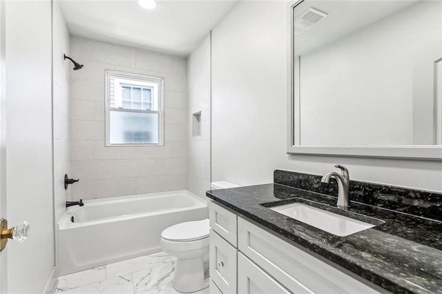 3824 Nashville Ave, New Orleans, LA 70125 - full bathroom featuring toilet, shower / washtub combination, marble finish floor, vanity, and visible vents
