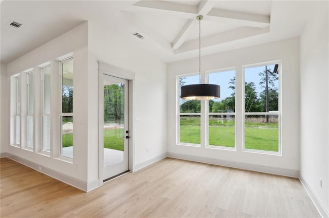 interior space featuring beamed ceiling, visible vents, and a healthy amount of sunlight