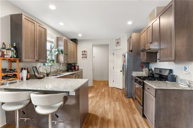 2900 General Taylor St, New Orleans, LA 70115 - kitchen featuring a peninsula, under cabinet range hood, a sink, light wood-style flooring, and appliances with stainless steel finishes