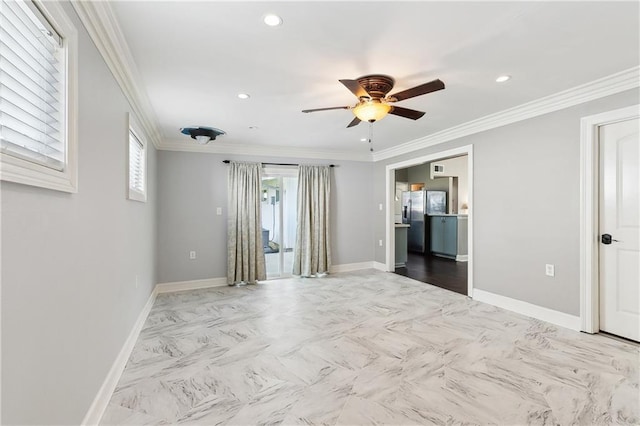 8123 Dalton St, Metairie, LA 70003 - empty room featuring plenty of natural light, ceiling fan, baseboards, recessed lighting, and ornamental molding