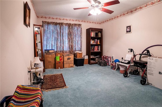 430 Holmes Dr, Slidell, LA 70460 - miscellaneous room with ceiling fan, carpet floors, and a textured ceiling