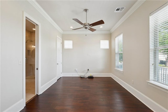417 28th St, New Orleans, LA 70124 - empty room featuring dark wood finished floors, ceiling fan, recessed lighting, crown molding, and baseboards