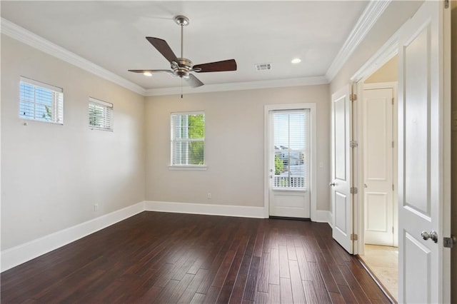 417 28th St, New Orleans, LA 70124 - spare room with ceiling fan, baseboards, dark wood-style flooring, ornamental molding, and recessed lighting