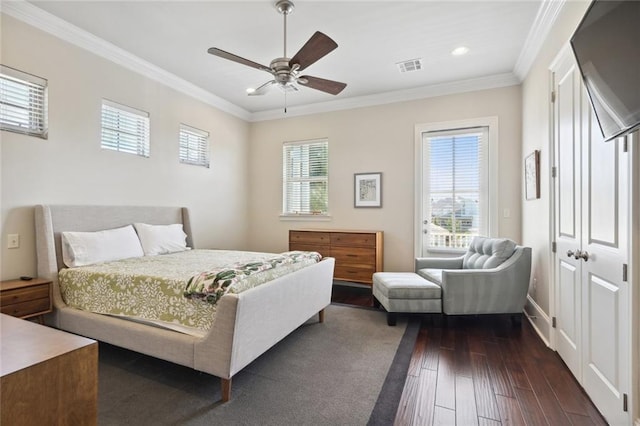 417 28th St, New Orleans, LA 70124 - bedroom with dark wood finished floors, crown molding, multiple windows, recessed lighting, and ceiling fan