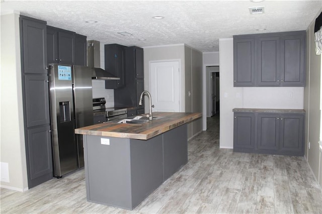 kitchen with wall chimney range hood, a sink, wooden counters, light wood-type flooring, and appliances with stainless steel finishes
