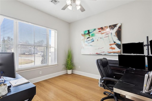 544 Belle Pointe Loop, Madisonville, LA 70447 - home office featuring baseboards, visible vents, light wood-style floors, and ceiling fan