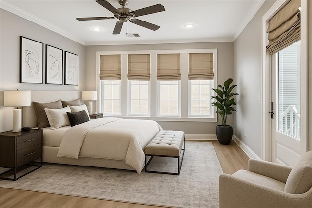 640 Bocage Ct N, Covington, LA 70433 - bedroom with light wood-type flooring, ornamental molding, baseboards, recessed lighting, and a ceiling fan