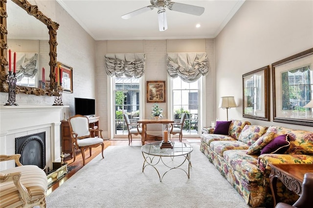 931 Chartres Street 13&14, New Orleans, LA 70116 - living room with a fireplace, wood finished floors, crown molding, and ceiling fan