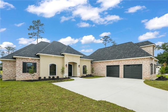 french provincial home featuring a front yard, a shingled roof, brick siding, concrete driveway, and an attached garage