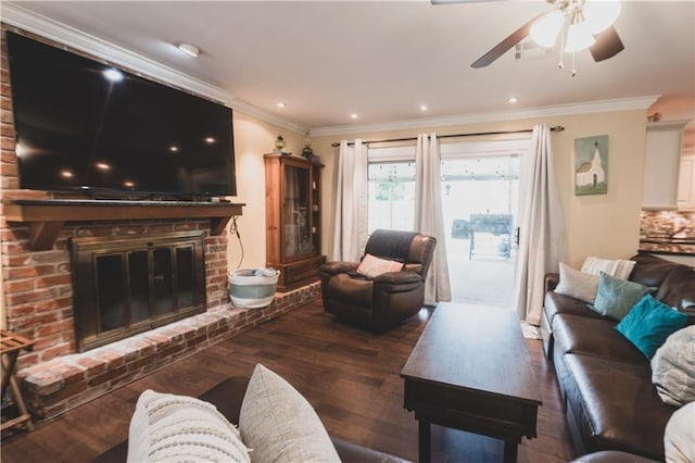5613 W Esplanade Ave, Metairie, LA 70003 - living room with a fireplace, wood finished floors, ornamental molding, and ceiling fan