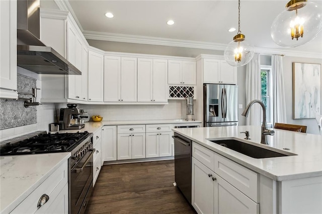 900 French St, New Orleans, LA 70124 - kitchen featuring wall chimney range hood, appliances with stainless steel finishes, crown molding, and a sink