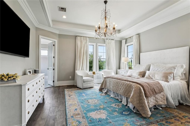 900 French St, New Orleans, LA 70124 - bedroom with dark wood-style floors, visible vents, a notable chandelier, crown molding, and a raised ceiling