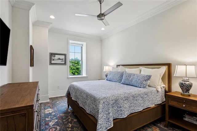 900 French St, New Orleans, LA 70124 - bedroom with baseboards, recessed lighting, ornamental molding, and dark wood-style flooring