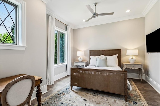 900 French St, New Orleans, LA 70124 - bedroom featuring recessed lighting, wood finished floors, ornamental molding, baseboards, and ceiling fan
