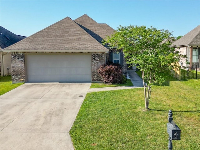 ranch-style house with brick siding, a shingled roof, and concrete driveway