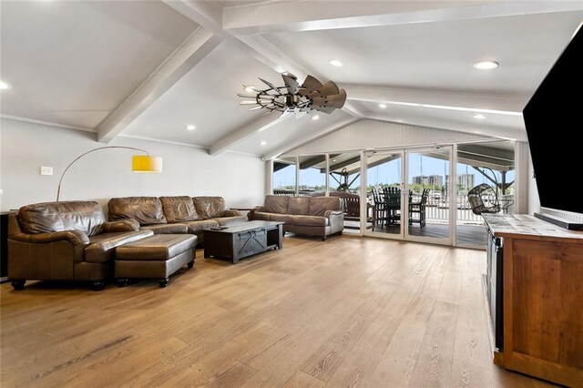 7930 Breakwater Drive 52&53, New Orleans, LA 70124 - living area with light wood finished floors, lofted ceiling with beams, and ceiling fan