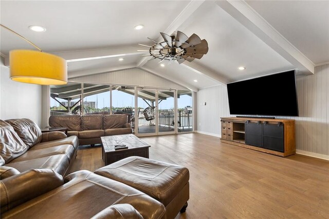 7930 Breakwater Drive 52&53, New Orleans, LA 70124 - living area with wood finished floors, a ceiling fan, baseboards, and lofted ceiling with beams