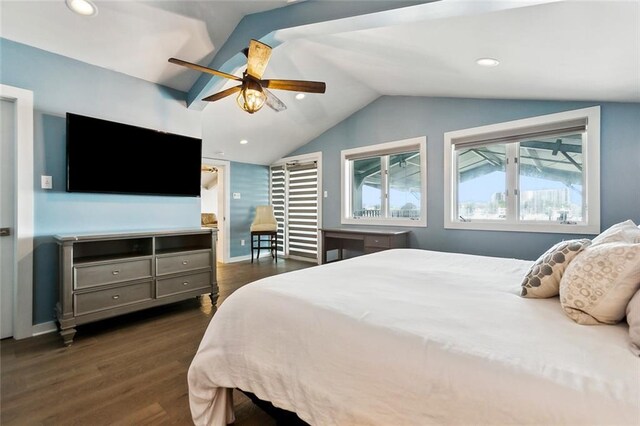 7930 Breakwater Drive 52&53, New Orleans, LA 70124 - bedroom with a ceiling fan, lofted ceiling, multiple windows, and dark wood-type flooring