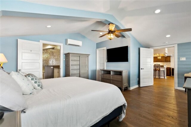 7930 Breakwater Drive 52&53, New Orleans, LA 70124 - bedroom featuring a wall mounted air conditioner, vaulted ceiling, dark wood finished floors, baseboards, and recessed lighting