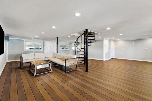 7930 Breakwater Drive 52&53, New Orleans, LA 70124 - living room featuring baseboards, wood finished floors, recessed lighting, and stairway