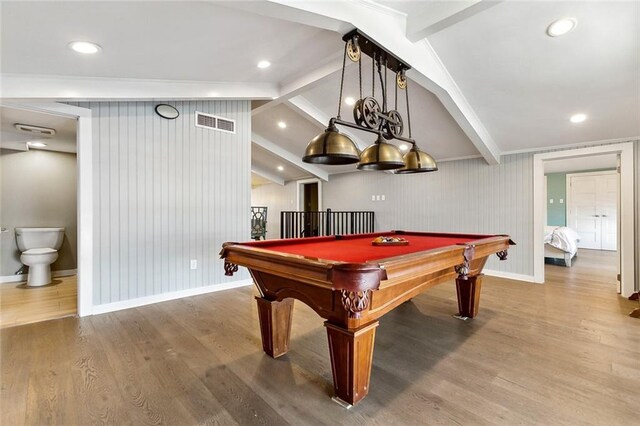 7930 Breakwater Drive 52&53, New Orleans, LA 70124 - playroom with wood finished floors, visible vents, vaulted ceiling with beams, pool table, and baseboards