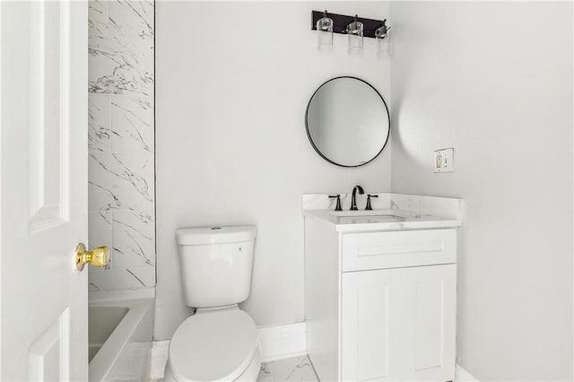 bathroom with baseboards, marble finish floor, vanity, and toilet