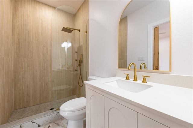 full bath with marble finish floor, walk in shower, toilet, and vanity