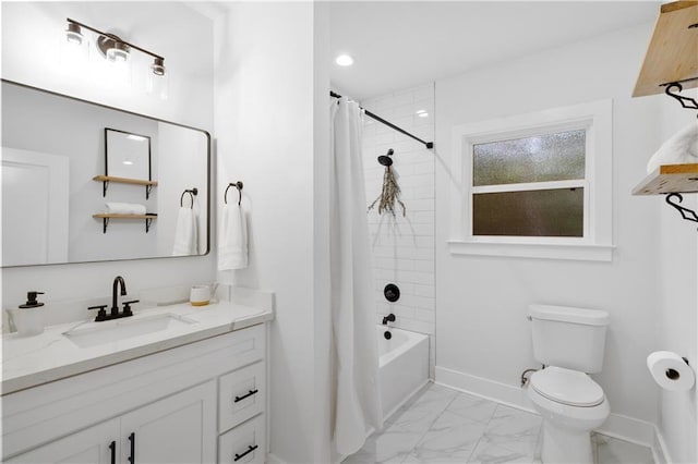 71463 Haynes St, Abita Springs, LA 70420 - full bathroom with marble finish floor, toilet, vanity, shower / tub combo with curtain, and baseboards