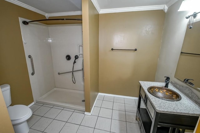 1021 Maplewood Dr, Harvey, LA 70058 - full bathroom featuring baseboards, ornamental molding, toilet, and a stall shower