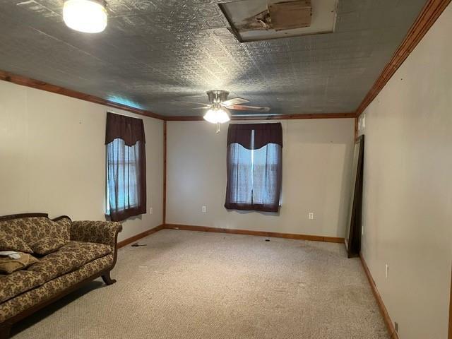 46038 Wooding Ln, Franklinton, LA 70438 - living area with light carpet, ornamental molding, attic access, baseboards, and a ceiling fan