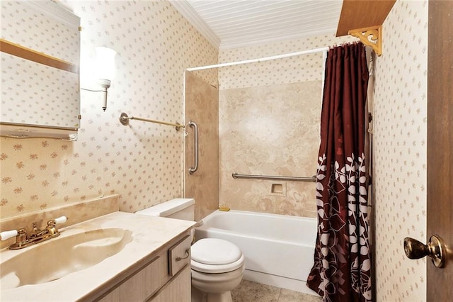 716 N Woodlawn Ave, Metairie, LA 70001 - full bath featuring shower / tub combo, toilet, vanity, wallpapered walls, and ornamental molding