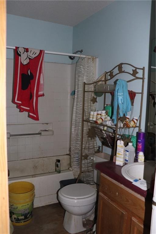 bathroom with vanity, shower / bathtub combination with curtain, and toilet