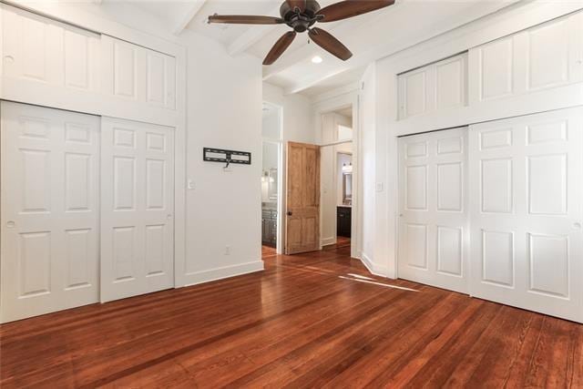 842 Toledano St, New Orleans, LA 70115 - unfurnished bedroom with a ceiling fan, baseboards, beam ceiling, dark wood-style floors, and recessed lighting