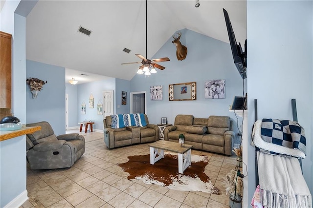 52475 Wilson Rd, Folsom, LA 70437 - living room with a ceiling fan, light tile patterned floors, and high vaulted ceiling