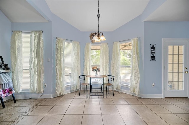 52475 Wilson Rd, Folsom, LA 70437 - dining room featuring lofted ceiling, a chandelier, baseboards, and tile patterned flooring