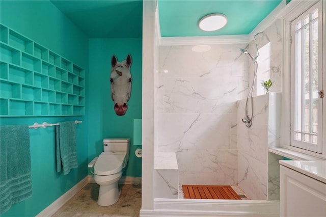 full bath featuring toilet, baseboards, and a marble finish shower