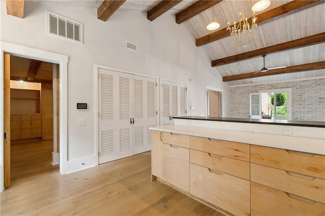 kitchen featuring beam ceiling, visible vents, high vaulted ceiling, and light wood-style flooring