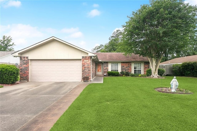 ranch-style house with a garage, brick siding, a front yard, and driveway