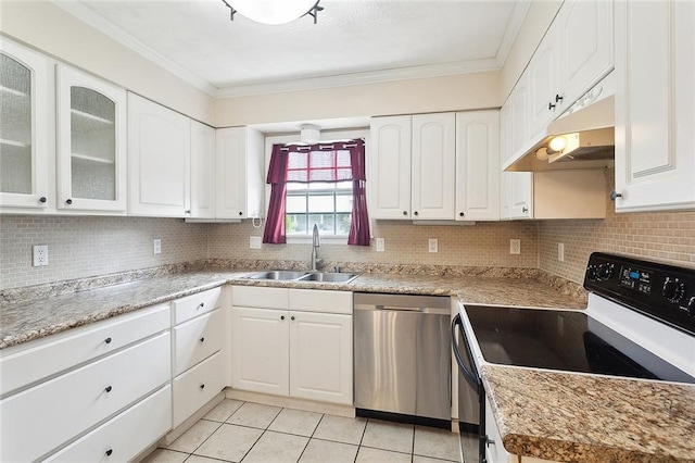 kitchen featuring electric range, a sink, stainless steel dishwasher, under cabinet range hood, and white cabinetry