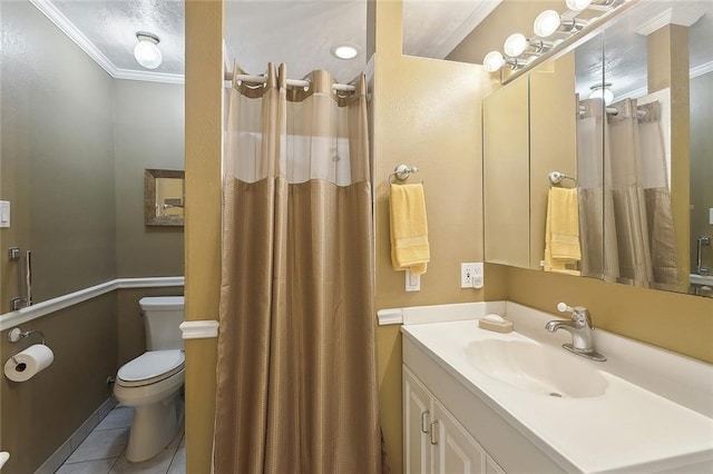 full bathroom featuring toilet, ornamental molding, tile patterned floors, and vanity