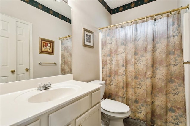 bathroom featuring vanity, curtained shower, and toilet