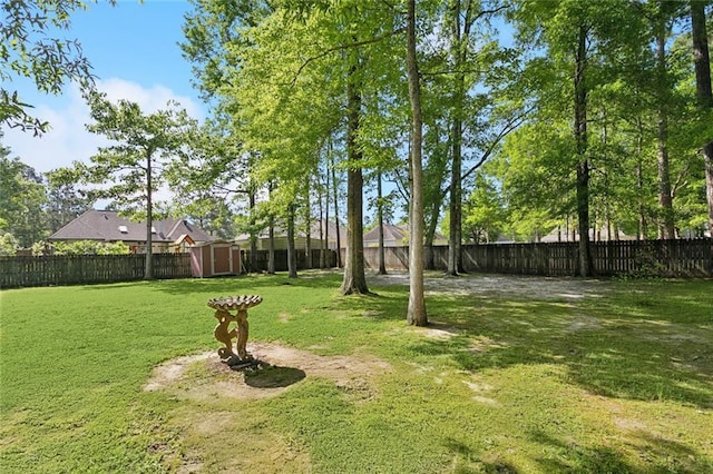 view of yard featuring an outbuilding, a shed, and a fenced backyard