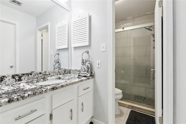 bathroom with toilet, a stall shower, visible vents, and vanity